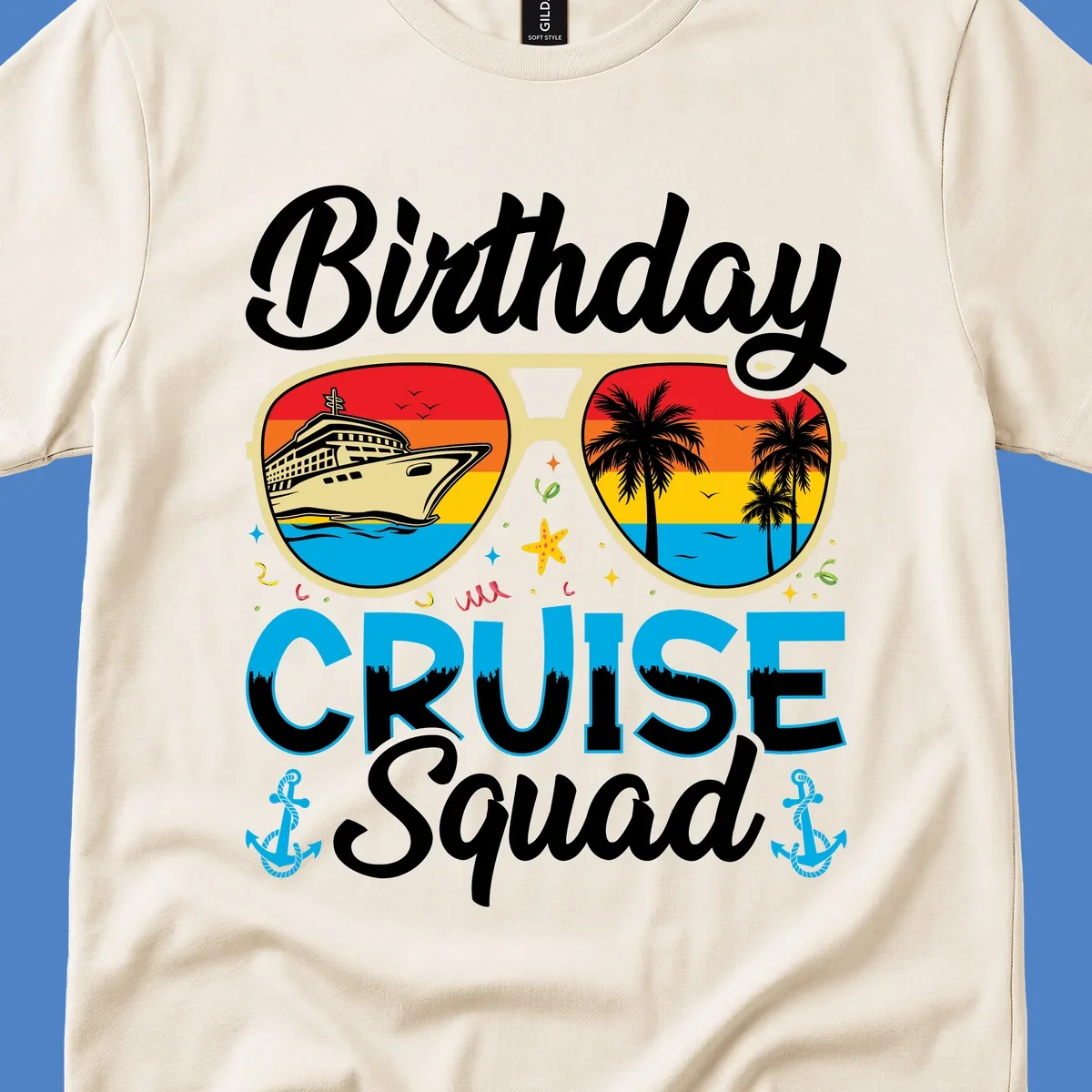 Birthday Cruise Squad design featuring fun sunglasses with cruise ship and palm tree scenes, confetti, and nautical elements