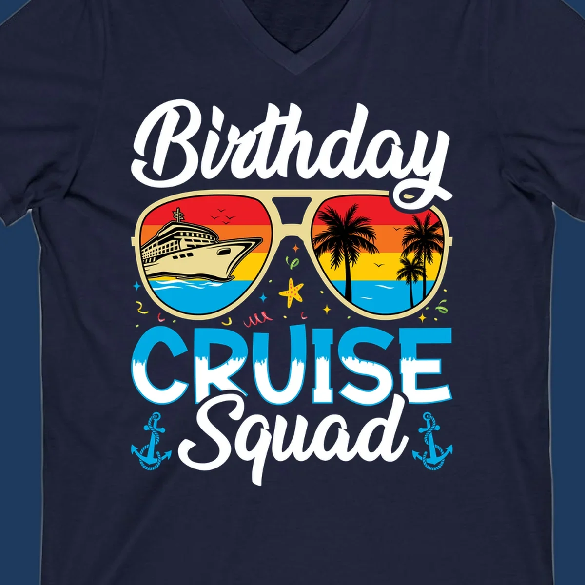 Birthday Cruise Squad design featuring fun sunglasses with cruise ship and palm tree scenes, confetti, and nautical elements