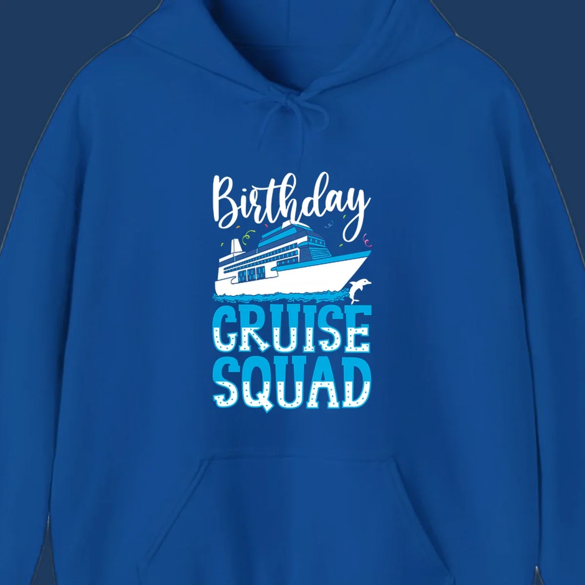 Birthday cruise squad design with cruise ship, dolphin, ocean waves, and colorful confetti on gray background