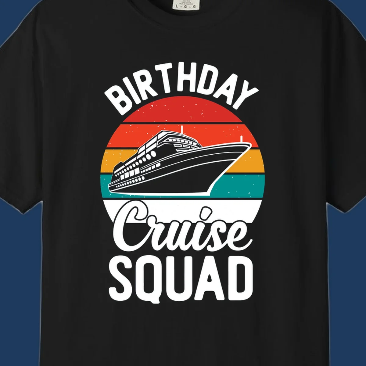 Retro birthday cruise squad design with large ship and colorful sunset stripes, celebrating a birthday at sea