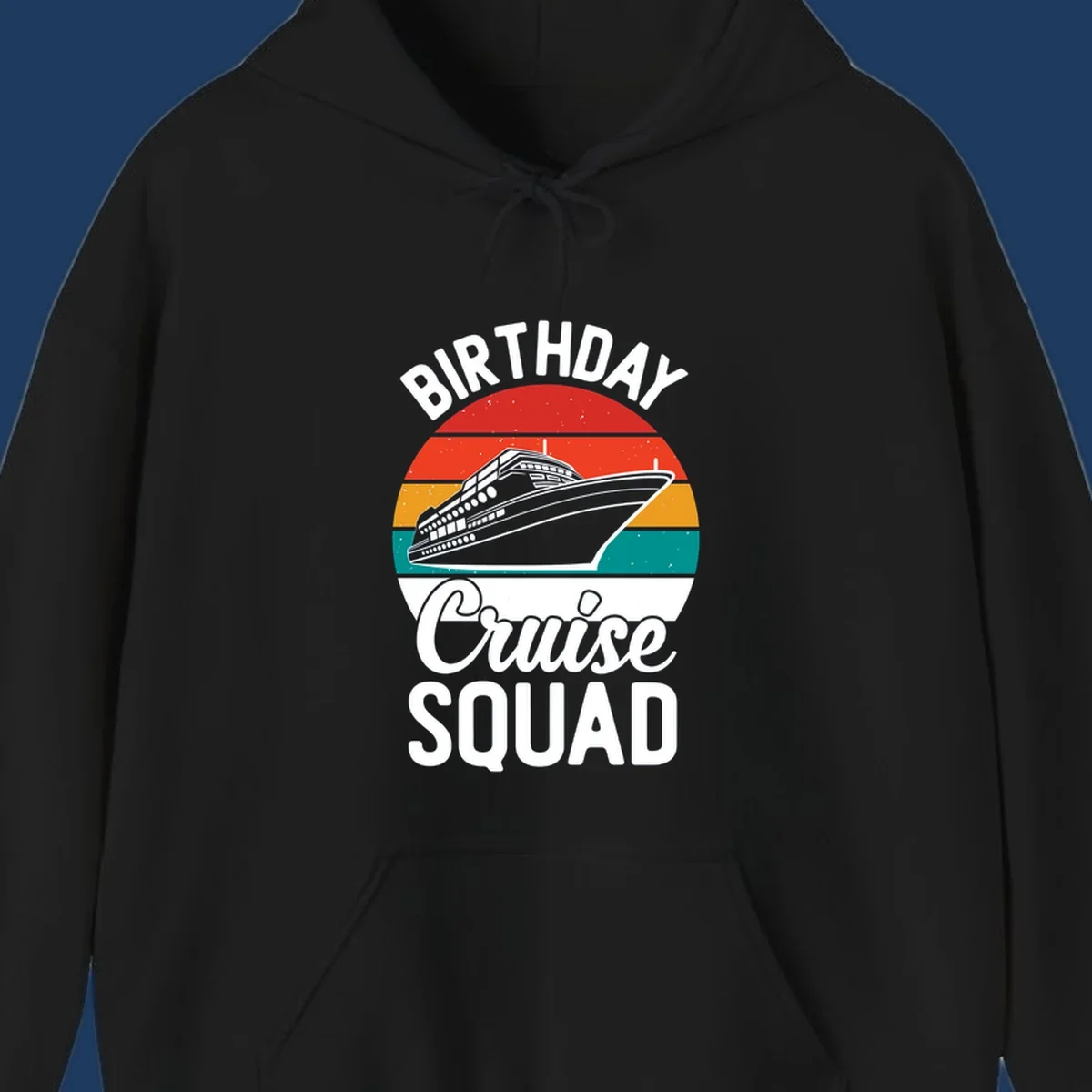 Retro birthday cruise squad design with large ship and colorful sunset stripes, celebrating a birthday at sea