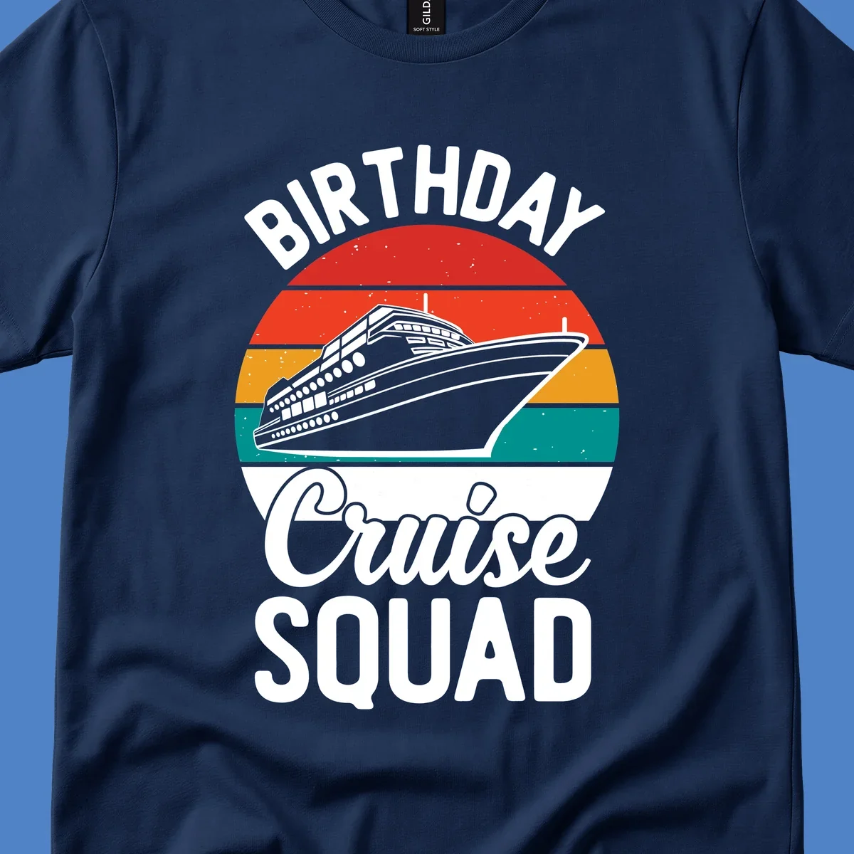 Retro birthday cruise squad design with large ship and colorful sunset stripes, celebrating a birthday at sea