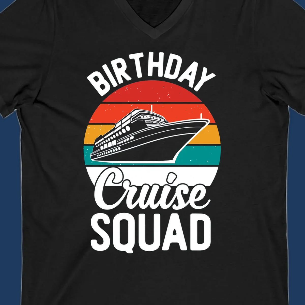 Retro birthday cruise squad design with large ship and colorful sunset stripes, celebrating a birthday at sea