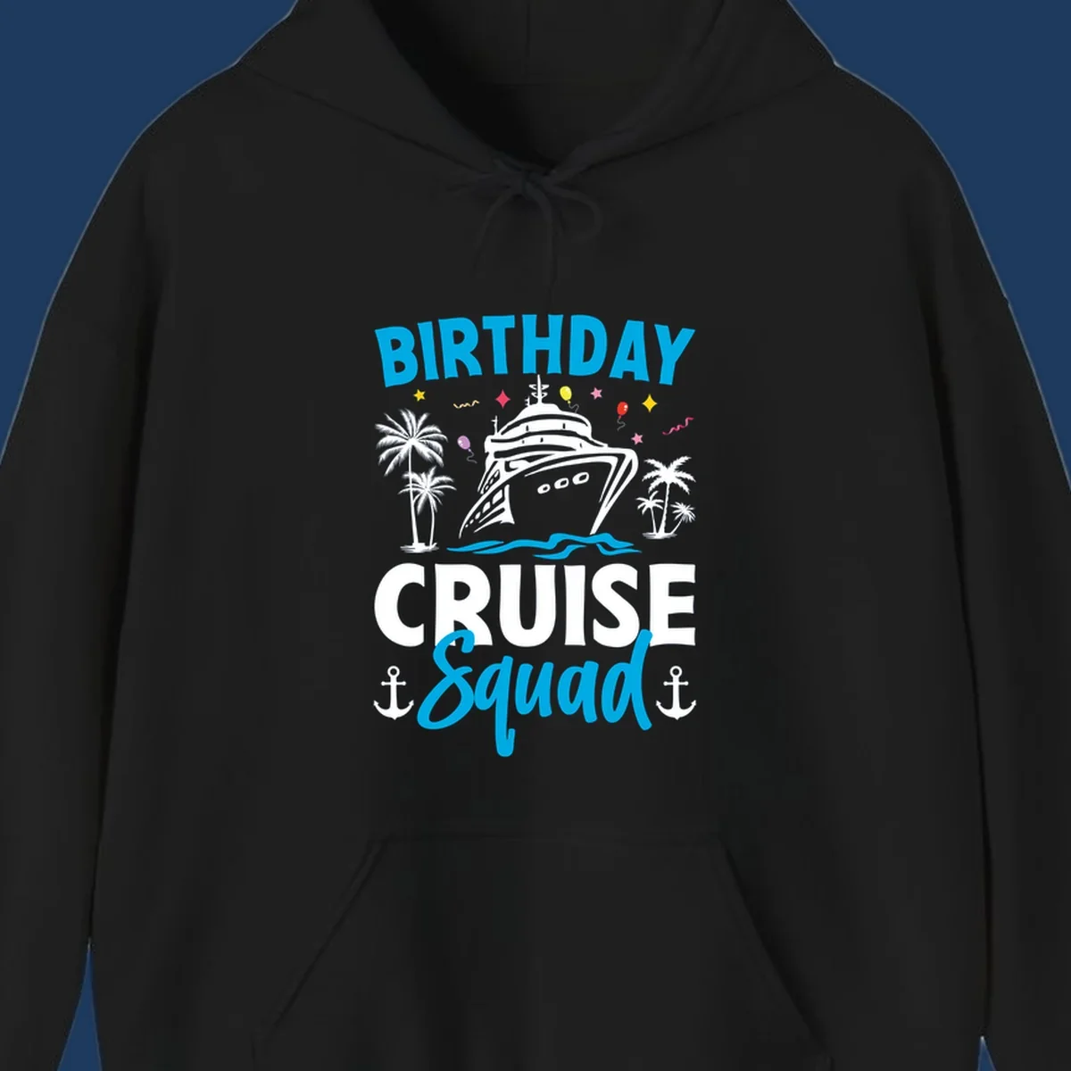 Birthday cruise squad design with ship, palm trees, balloons, stars, and anchors on gray background