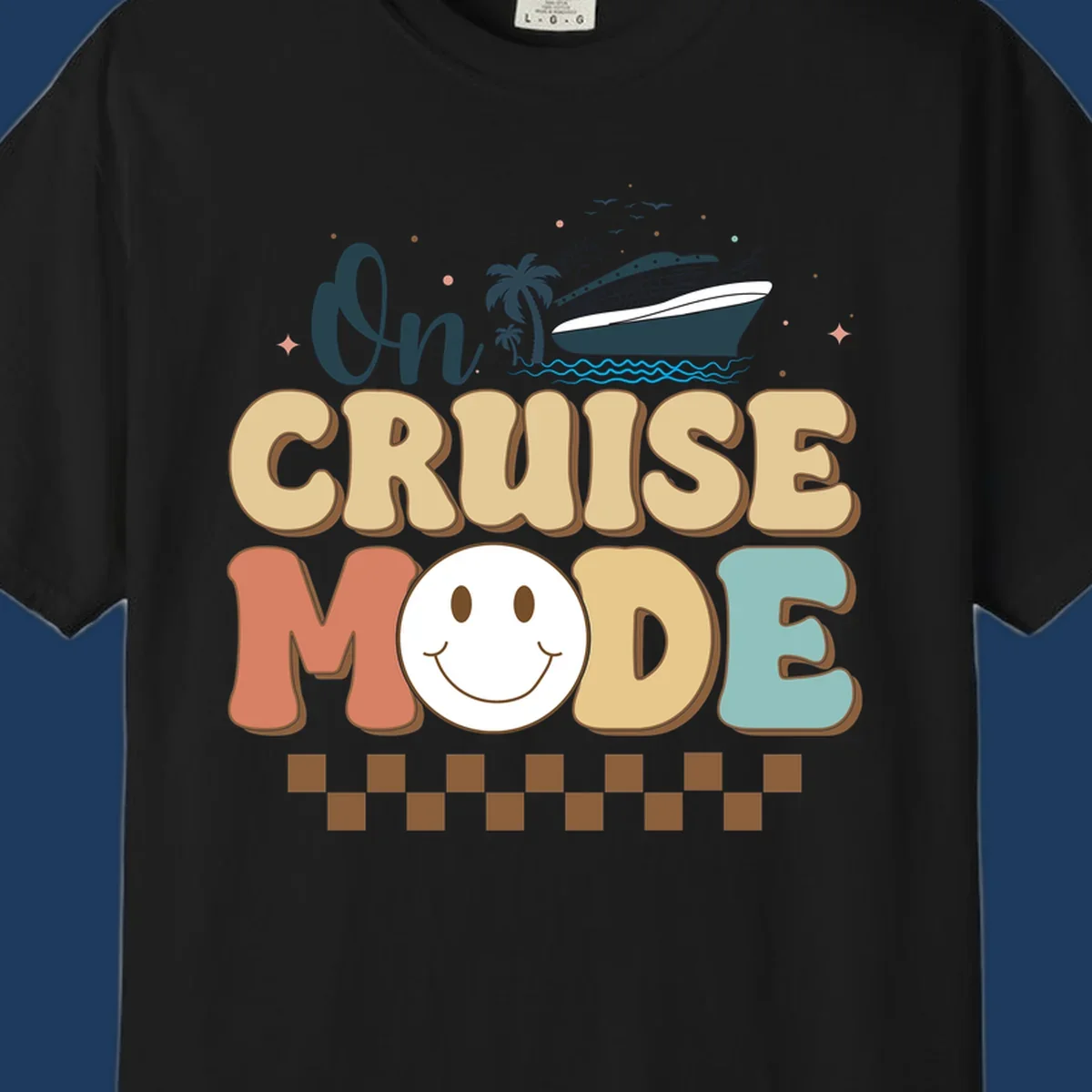On cruise mode retro design with smiling face, cruise ship, palm trees, and ocean waves on gray background