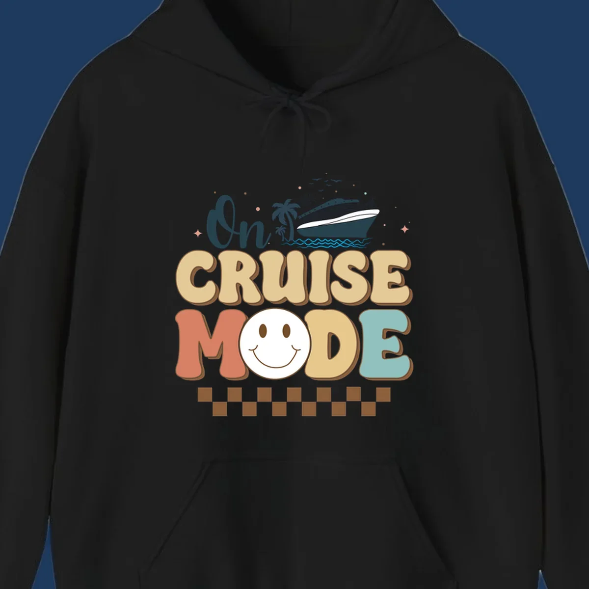 On cruise mode retro design with smiling face, cruise ship, palm trees, and ocean waves on gray background