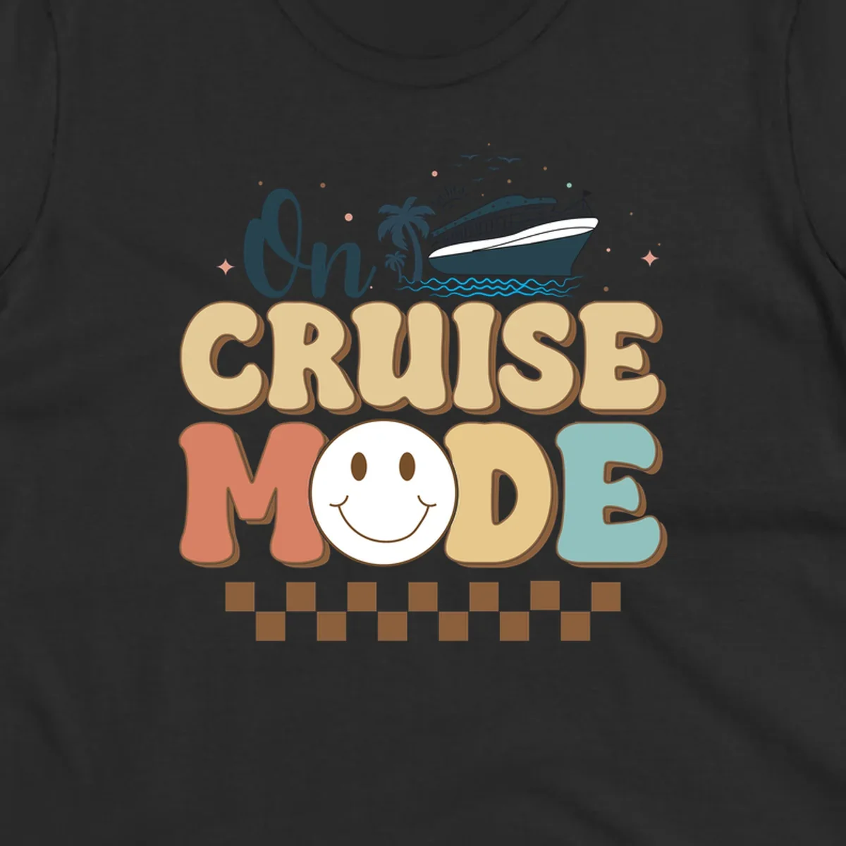 On cruise mode retro design with smiling face, cruise ship, palm trees, and ocean waves on gray background