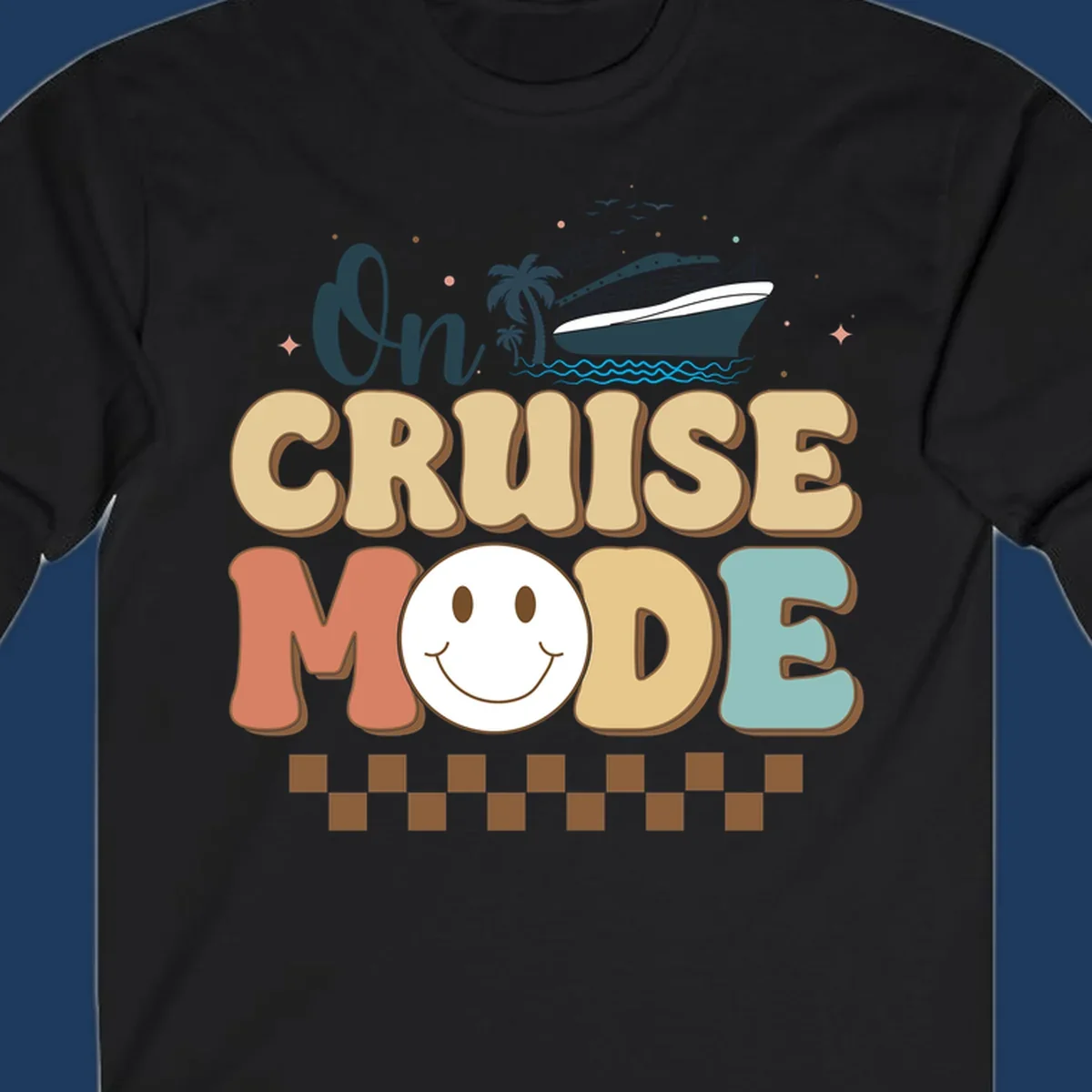 On cruise mode retro design with smiling face, cruise ship, palm trees, and ocean waves on gray background