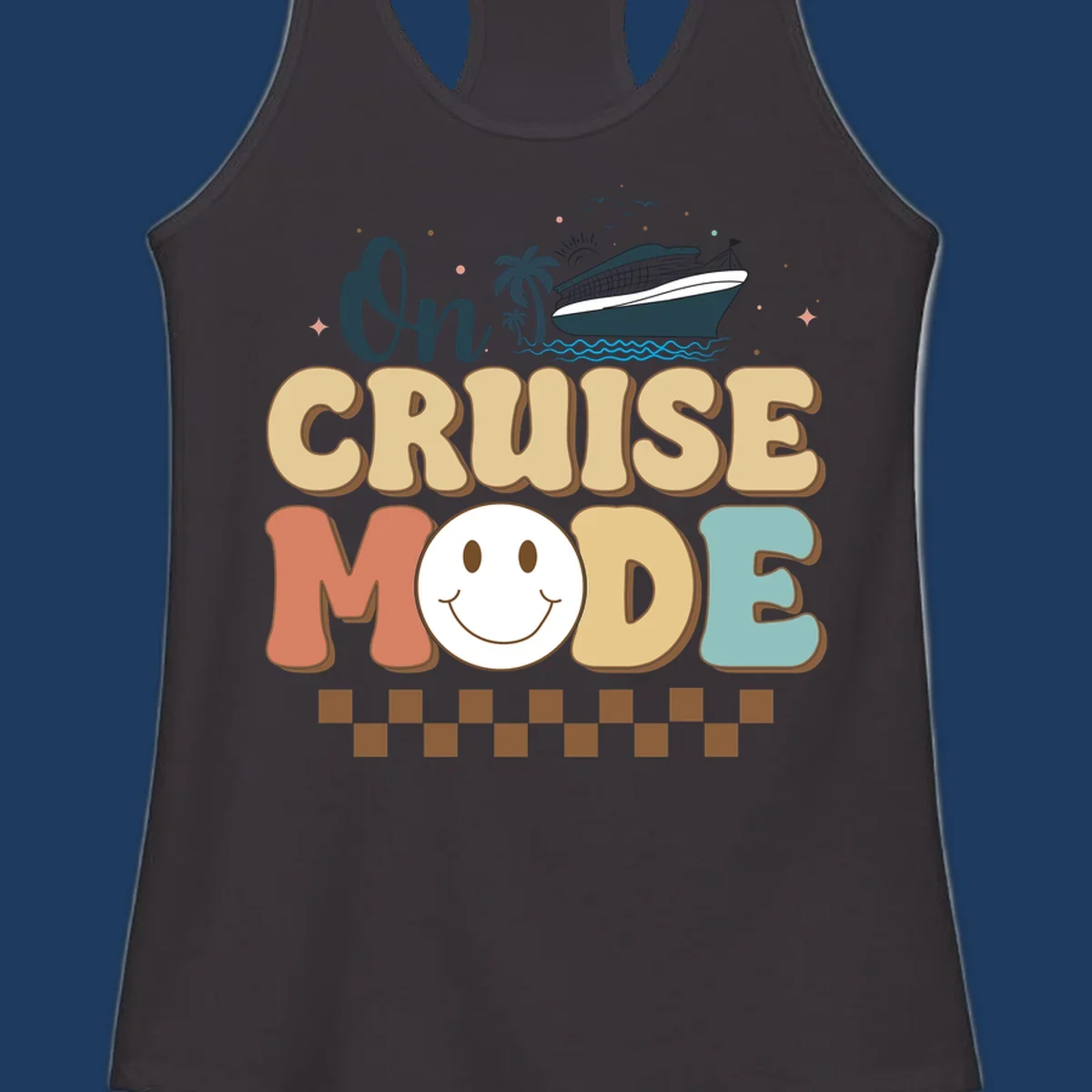On cruise mode retro design with smiling face, cruise ship, palm trees, and ocean waves on gray background