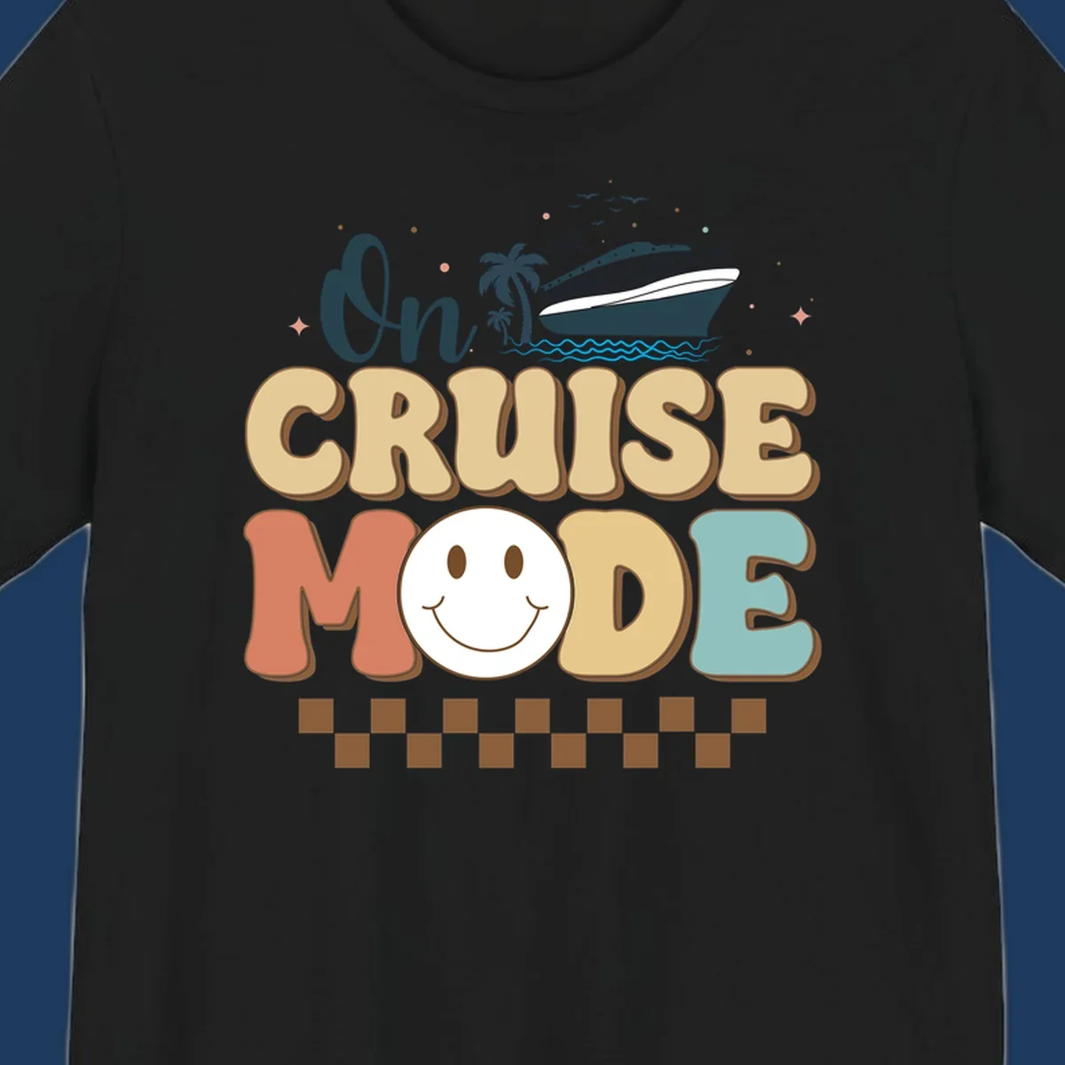 On cruise mode retro design with smiling face, cruise ship, palm trees, and ocean waves on gray background