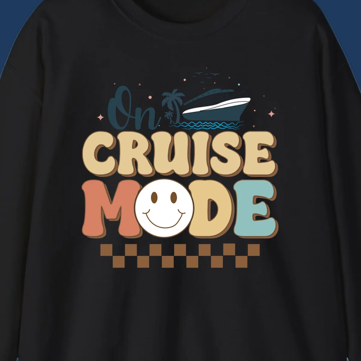 On cruise mode retro design with smiling face, cruise ship, palm trees, and ocean waves on gray background