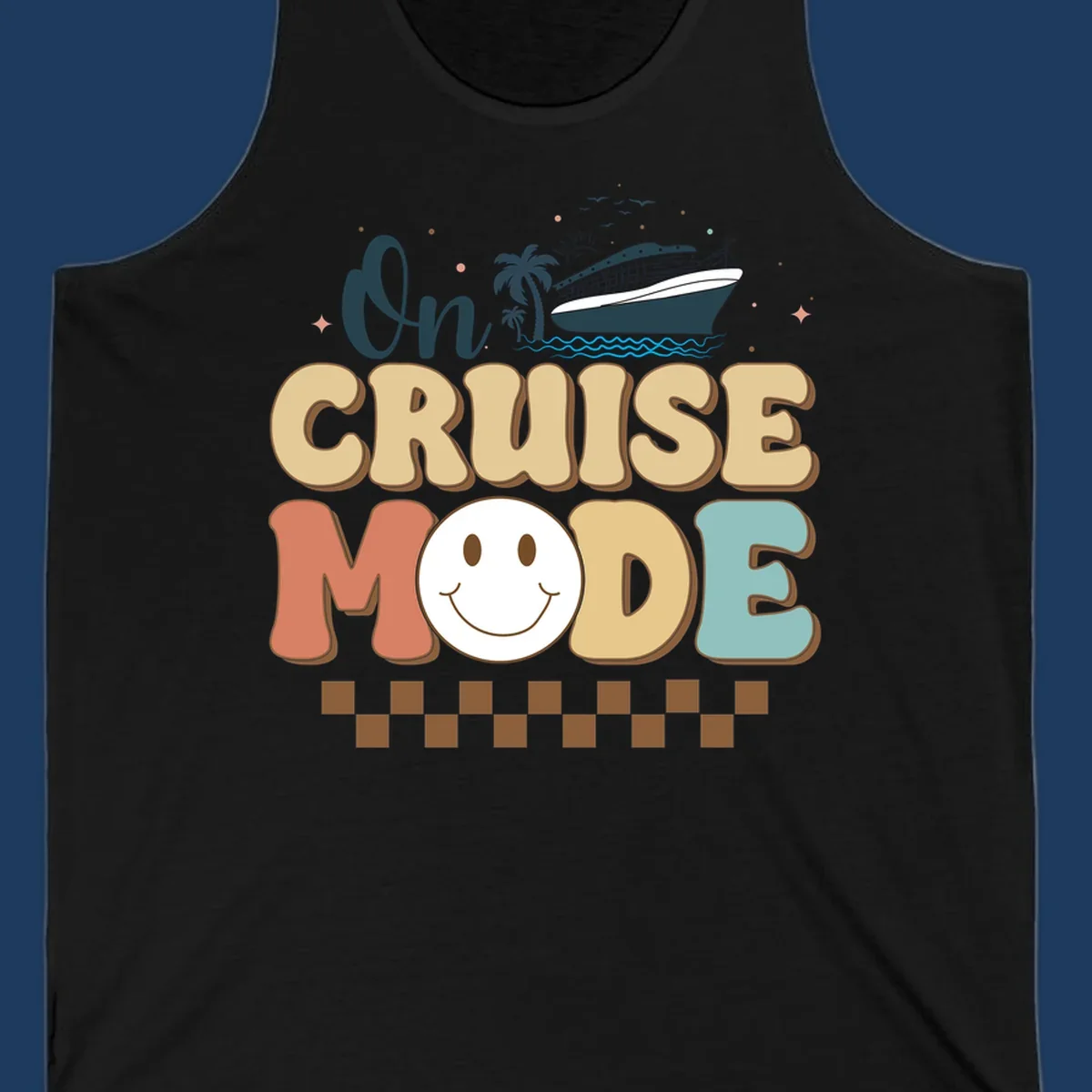 On cruise mode retro design with smiling face, cruise ship, palm trees, and ocean waves on gray background