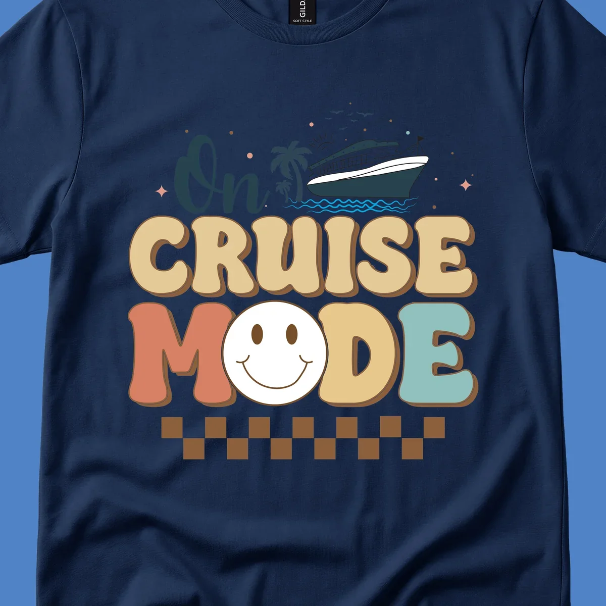 On cruise mode retro design with smiling face, cruise ship, palm trees, and ocean waves on gray background