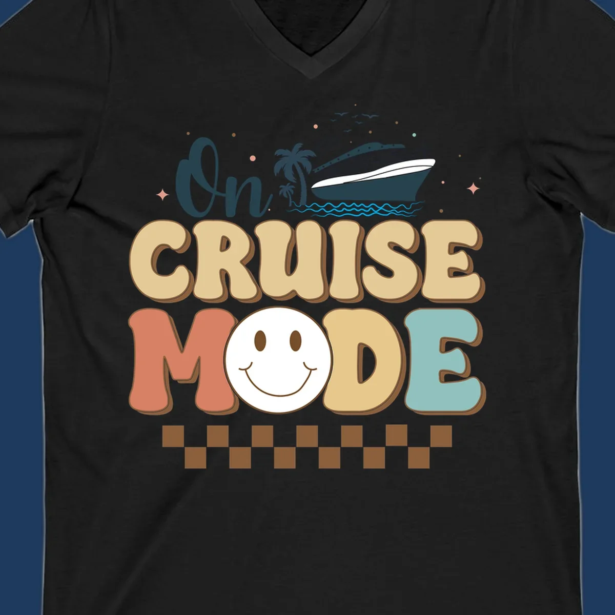 On cruise mode retro design with smiling face, cruise ship, palm trees, and ocean waves on gray background