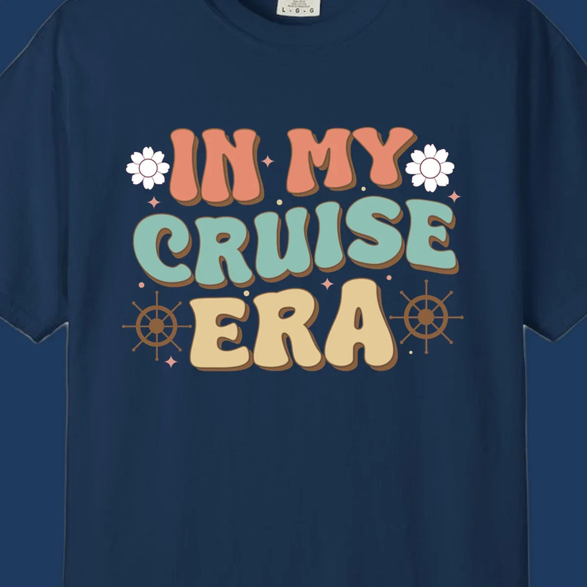 Retro-style design reading 'In My Cruise Era' with nautical ship wheels, daisies, and sparkles on gray background