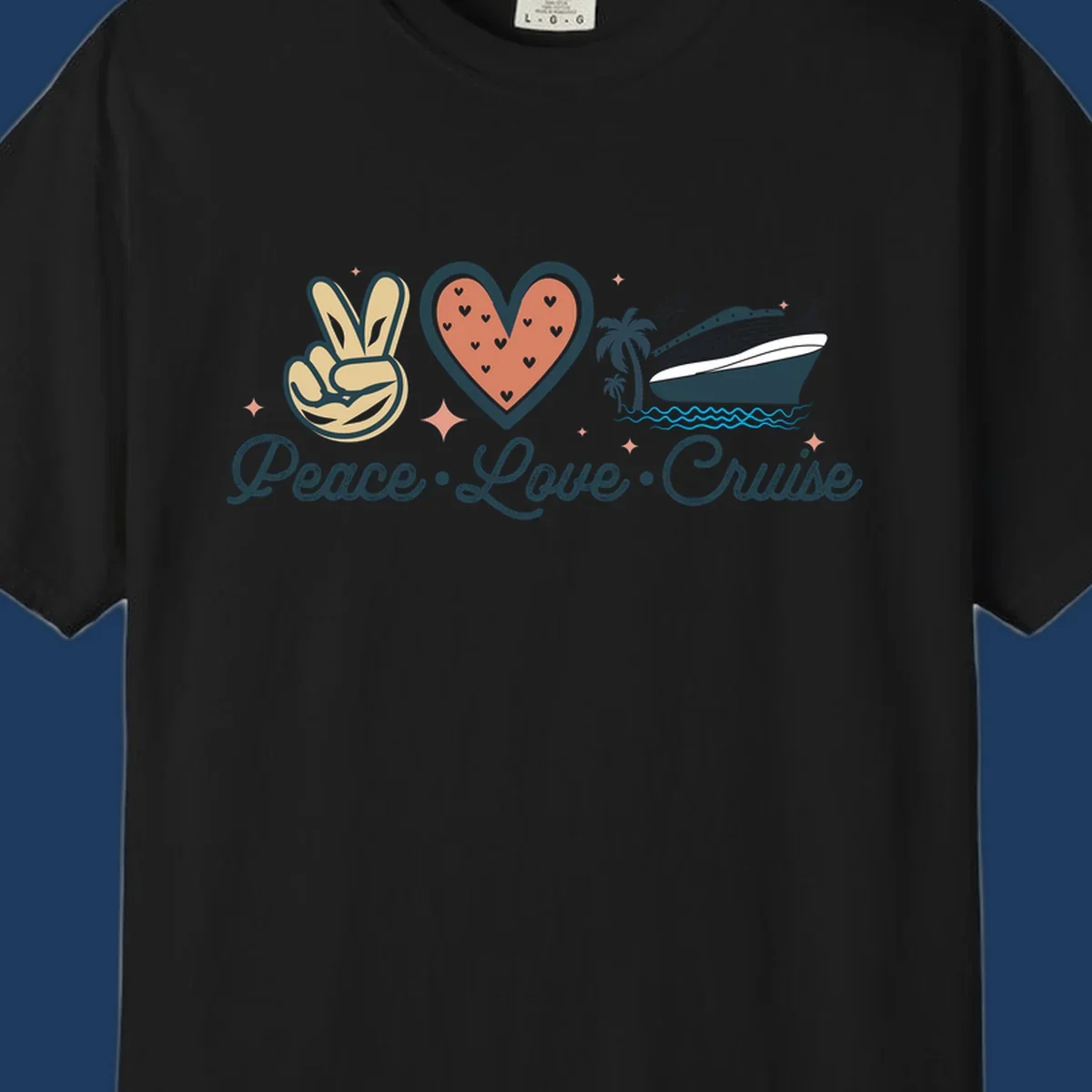 Retro cruise design with peace sign, heart, and ship illustration with text reading Peace Love Cruise