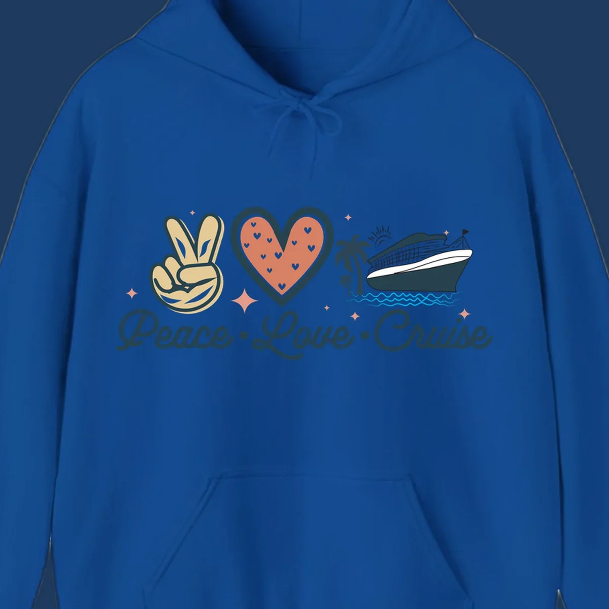 Retro cruise design with peace sign, heart, and ship illustration with text reading Peace Love Cruise