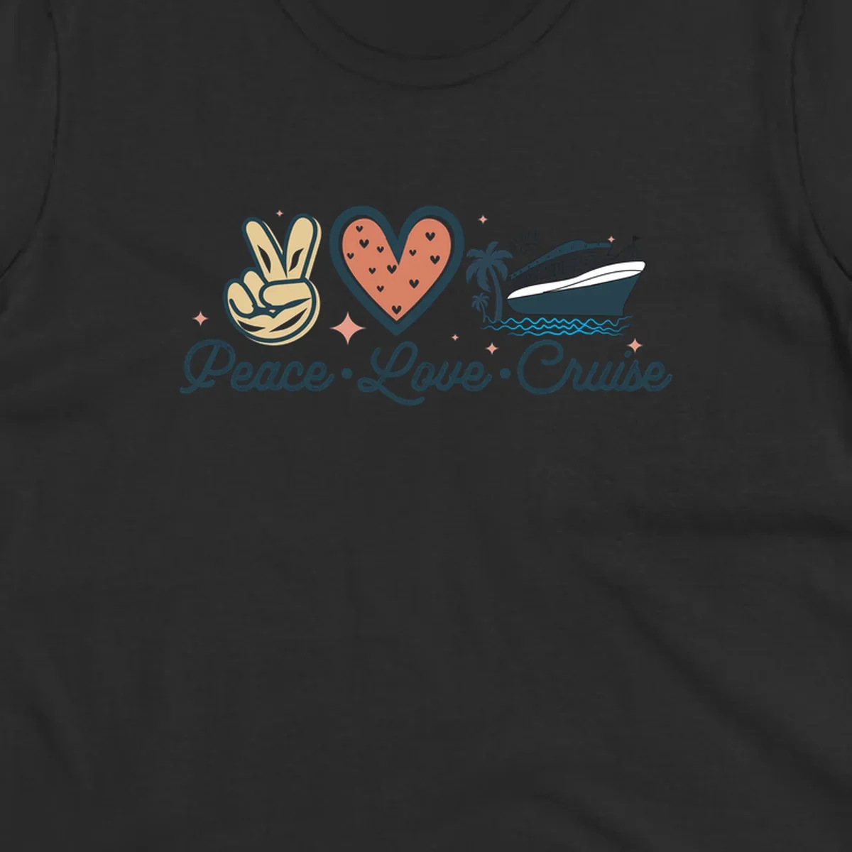 Retro cruise design with peace sign, heart, and ship illustration with text reading Peace Love Cruise