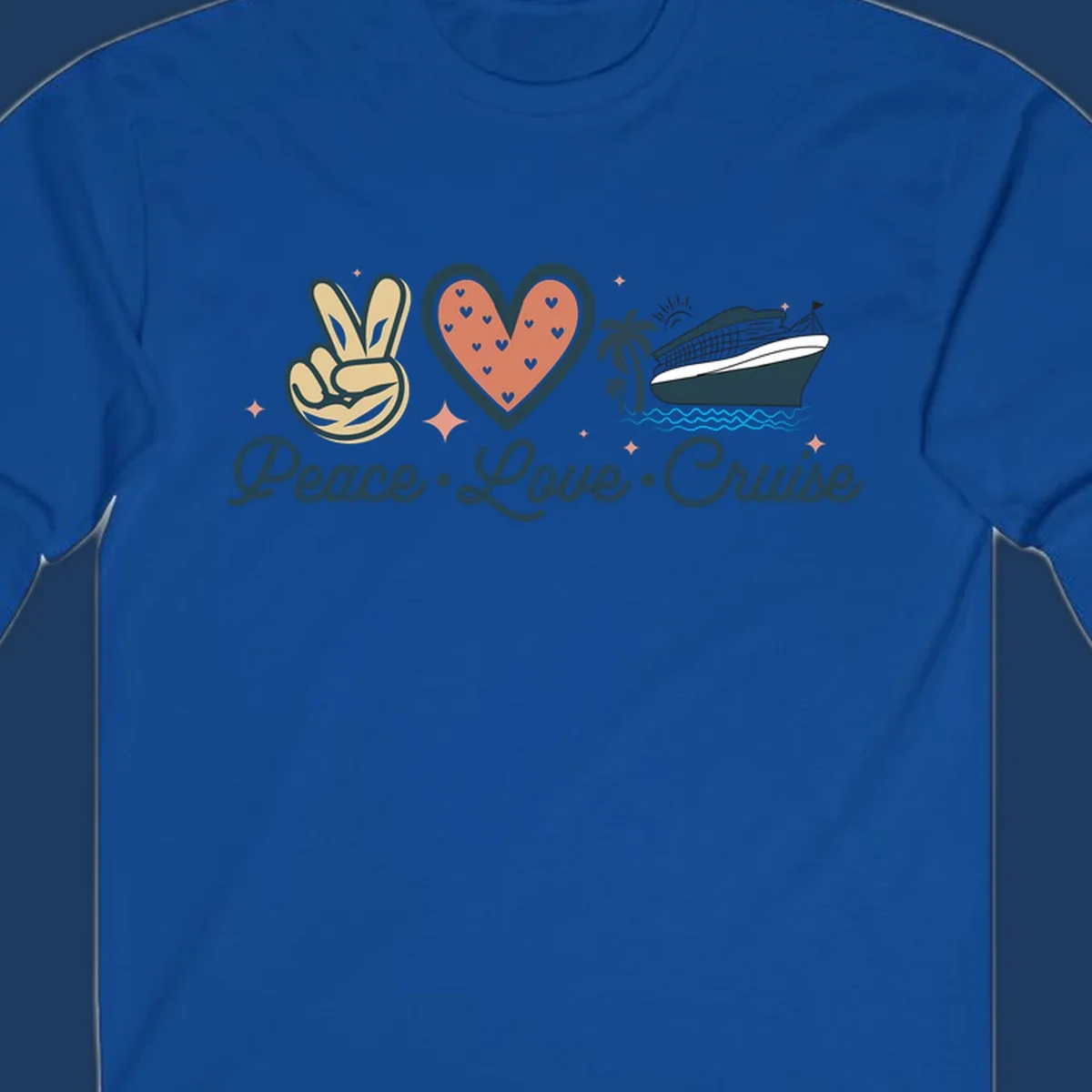 Retro cruise design with peace sign, heart, and ship illustration with text reading Peace Love Cruise