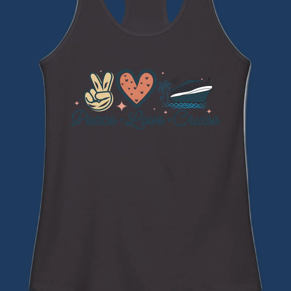 Retro cruise design with peace sign, heart, and ship illustration with text reading Peace Love Cruise