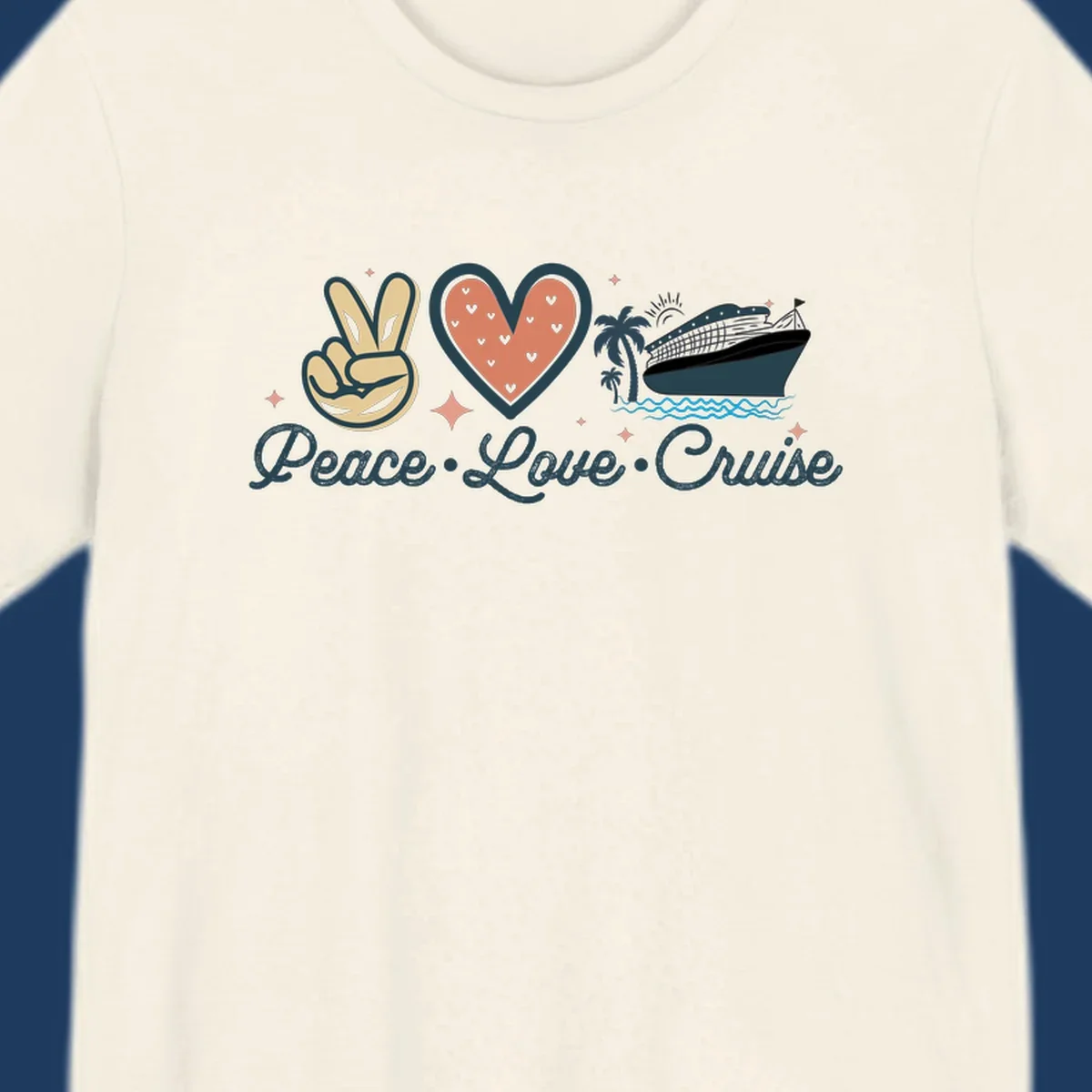Retro cruise design with peace sign, heart, and ship illustration with text reading Peace Love Cruise