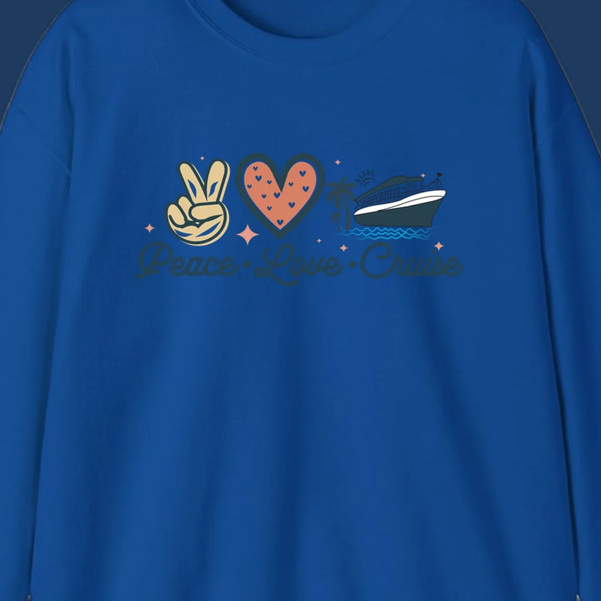 Retro cruise design with peace sign, heart, and ship illustration with text reading Peace Love Cruise