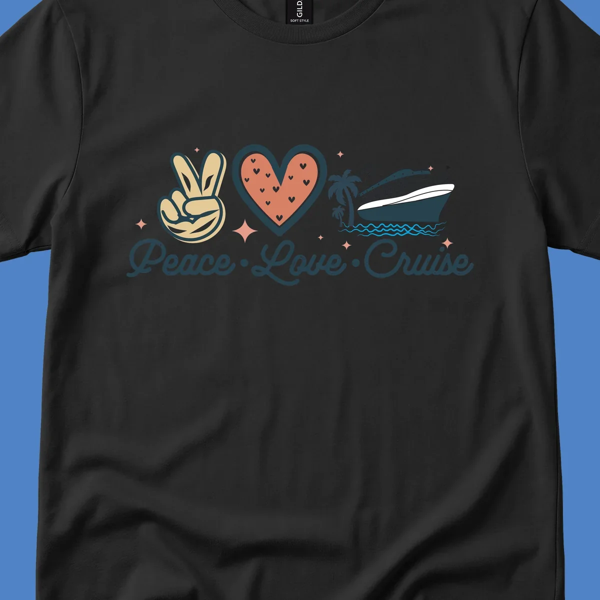 Retro cruise design with peace sign, heart, and ship illustration with text reading Peace Love Cruise