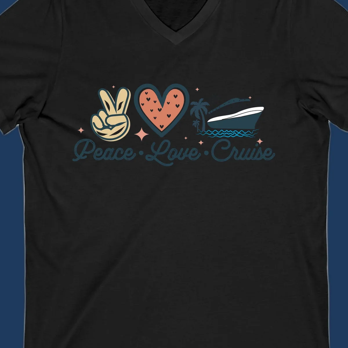 Retro cruise design with peace sign, heart, and ship illustration with text reading Peace Love Cruise