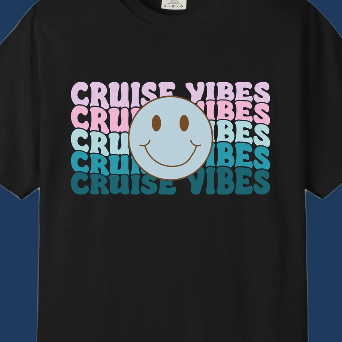 Happy smiley face emoticon surrounded by 'cruise vibes' text in gradient pink to teal colors