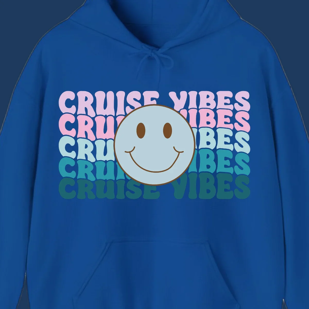Happy smiley face emoticon surrounded by 'cruise vibes' text in gradient pink to teal colors