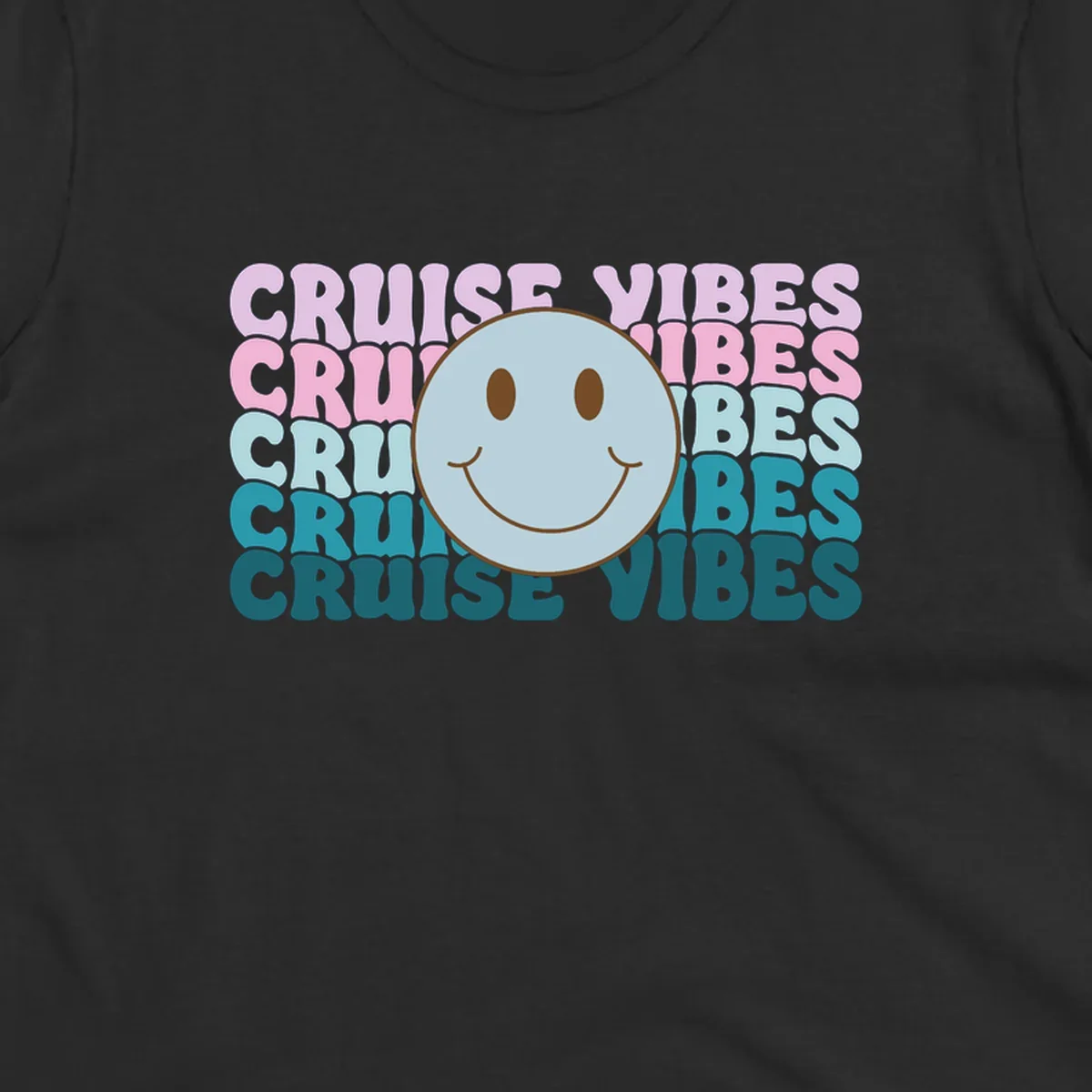 Happy smiley face emoticon surrounded by 'cruise vibes' text in gradient pink to teal colors