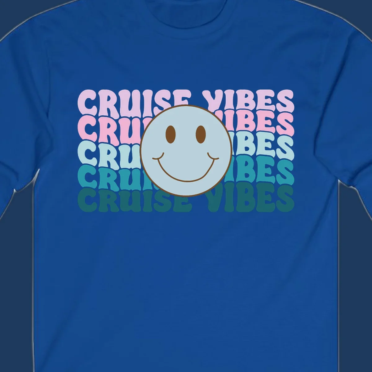 Happy smiley face emoticon surrounded by 'cruise vibes' text in gradient pink to teal colors