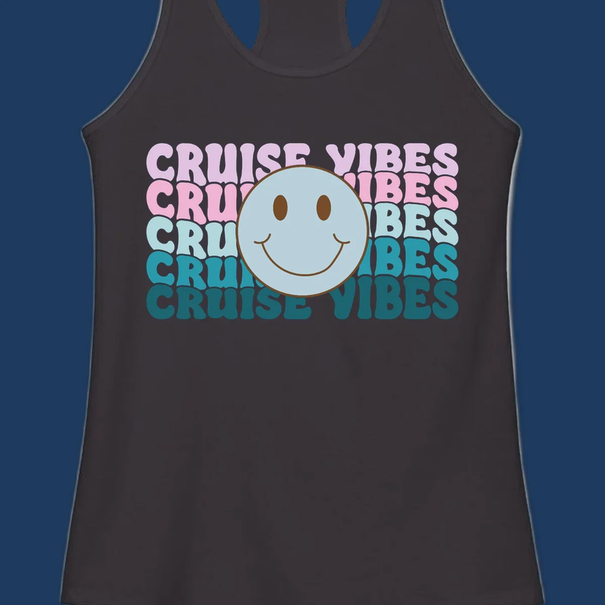 Happy smiley face emoticon surrounded by 'cruise vibes' text in gradient pink to teal colors