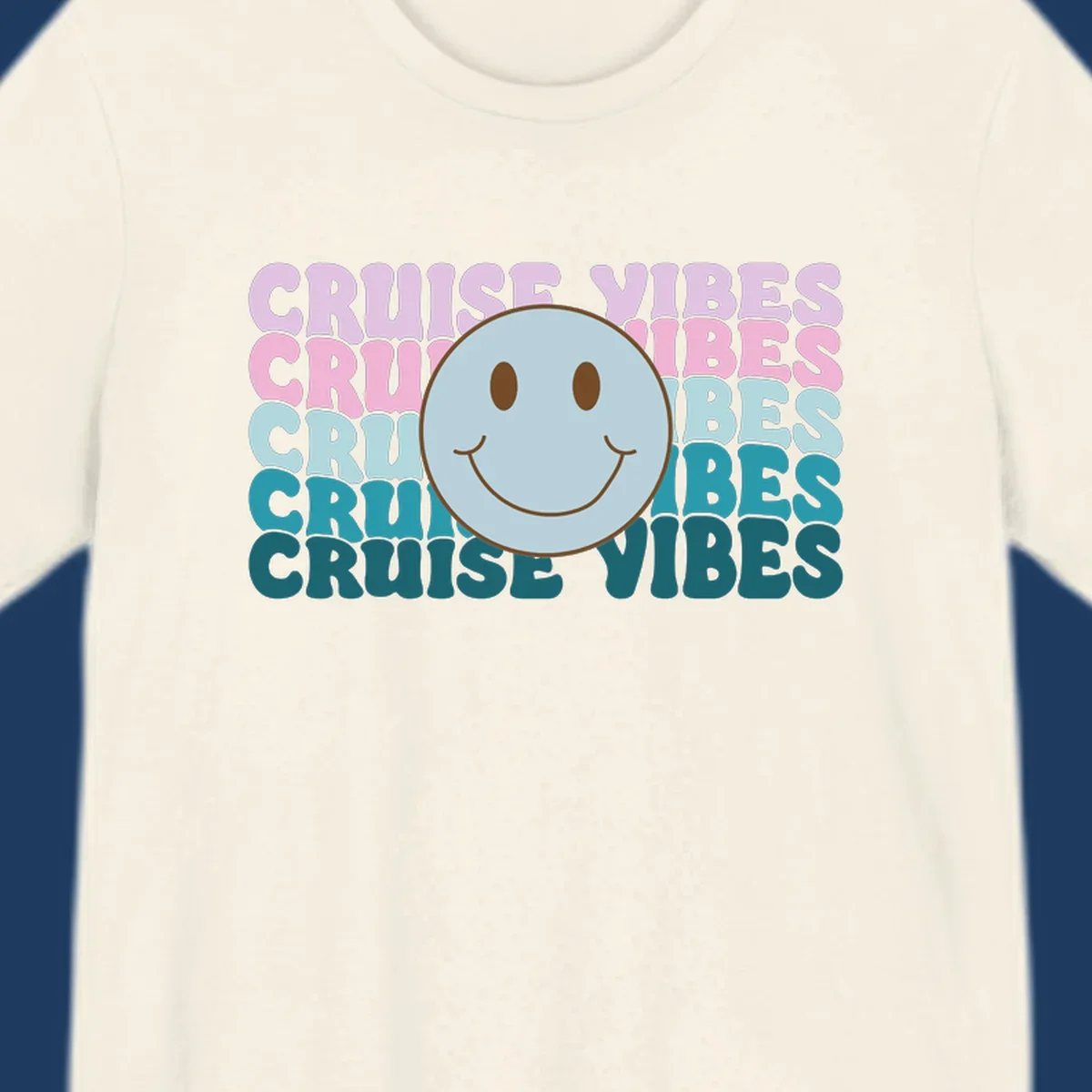 Happy smiley face emoticon surrounded by 'cruise vibes' text in gradient pink to teal colors