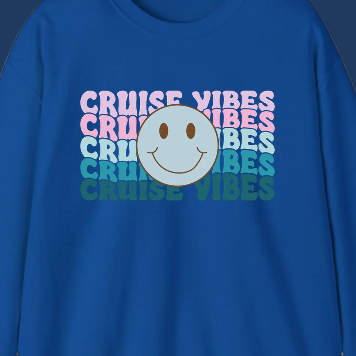 Happy smiley face emoticon surrounded by 'cruise vibes' text in gradient pink to teal colors