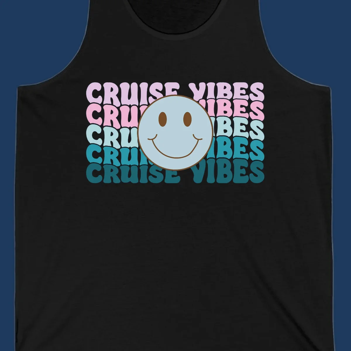 Happy smiley face emoticon surrounded by 'cruise vibes' text in gradient pink to teal colors