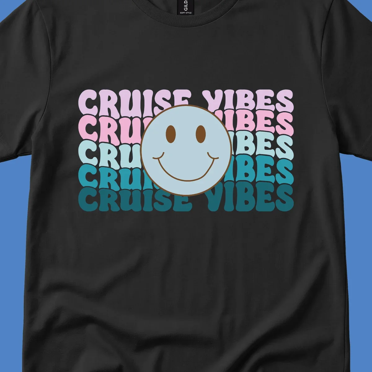 Happy smiley face emoticon surrounded by 'cruise vibes' text in gradient pink to teal colors