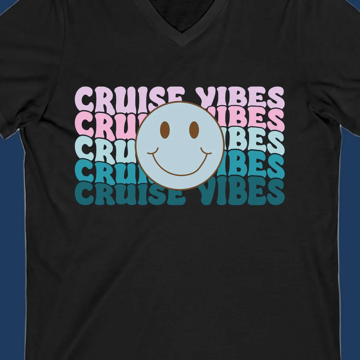 Happy smiley face emoticon surrounded by 'cruise vibes' text in gradient pink to teal colors