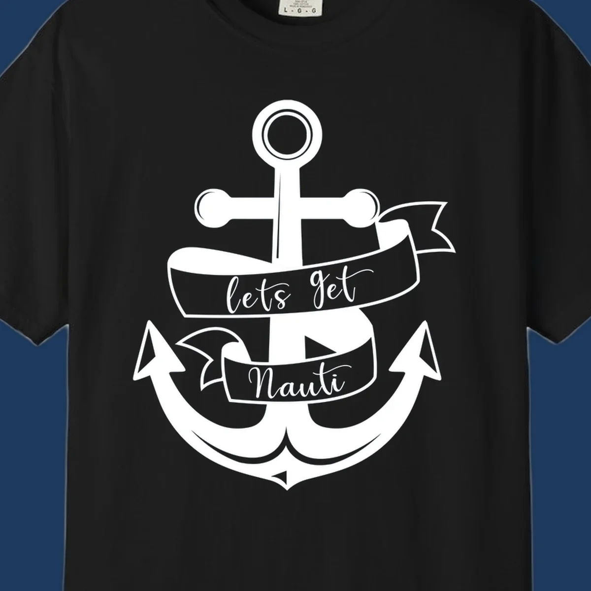 White anchor with banner ribbons reading 'lets get Nauti' - nautical cruise design