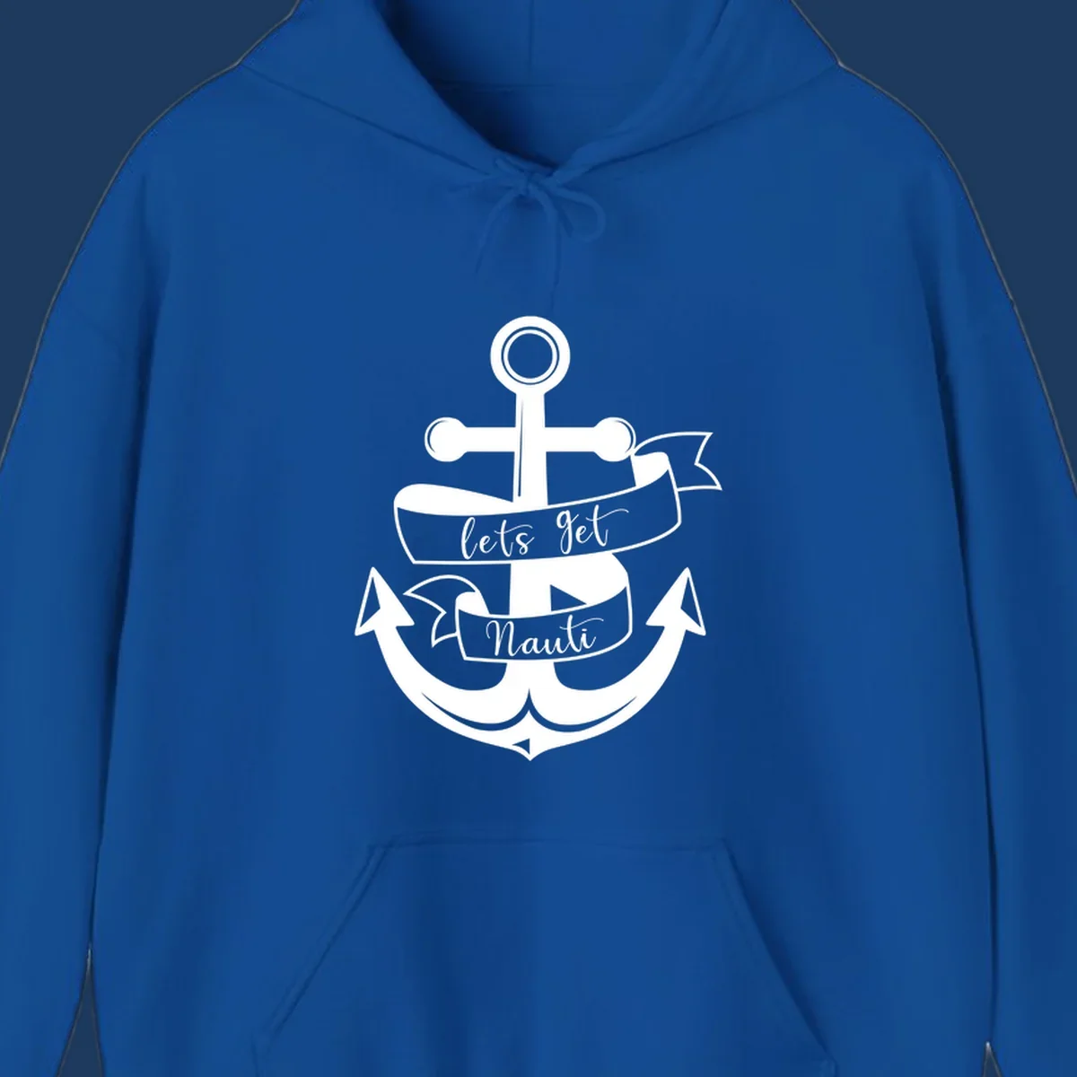 White anchor with banner ribbons reading 'lets get Nauti' - nautical cruise design