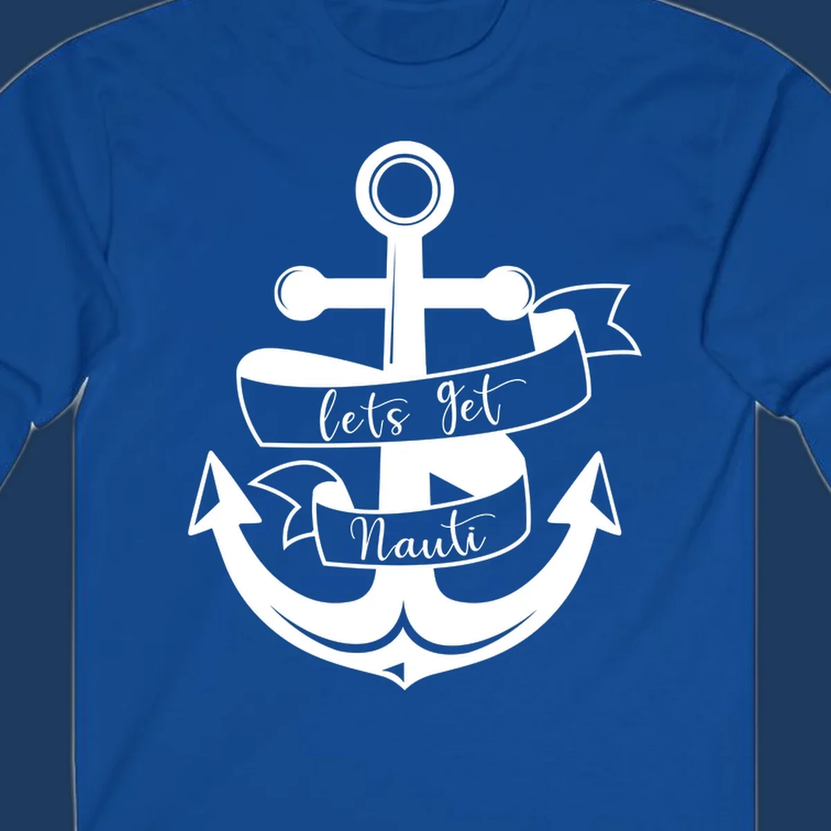 White anchor with banner ribbons reading 'lets get Nauti' - nautical cruise design
