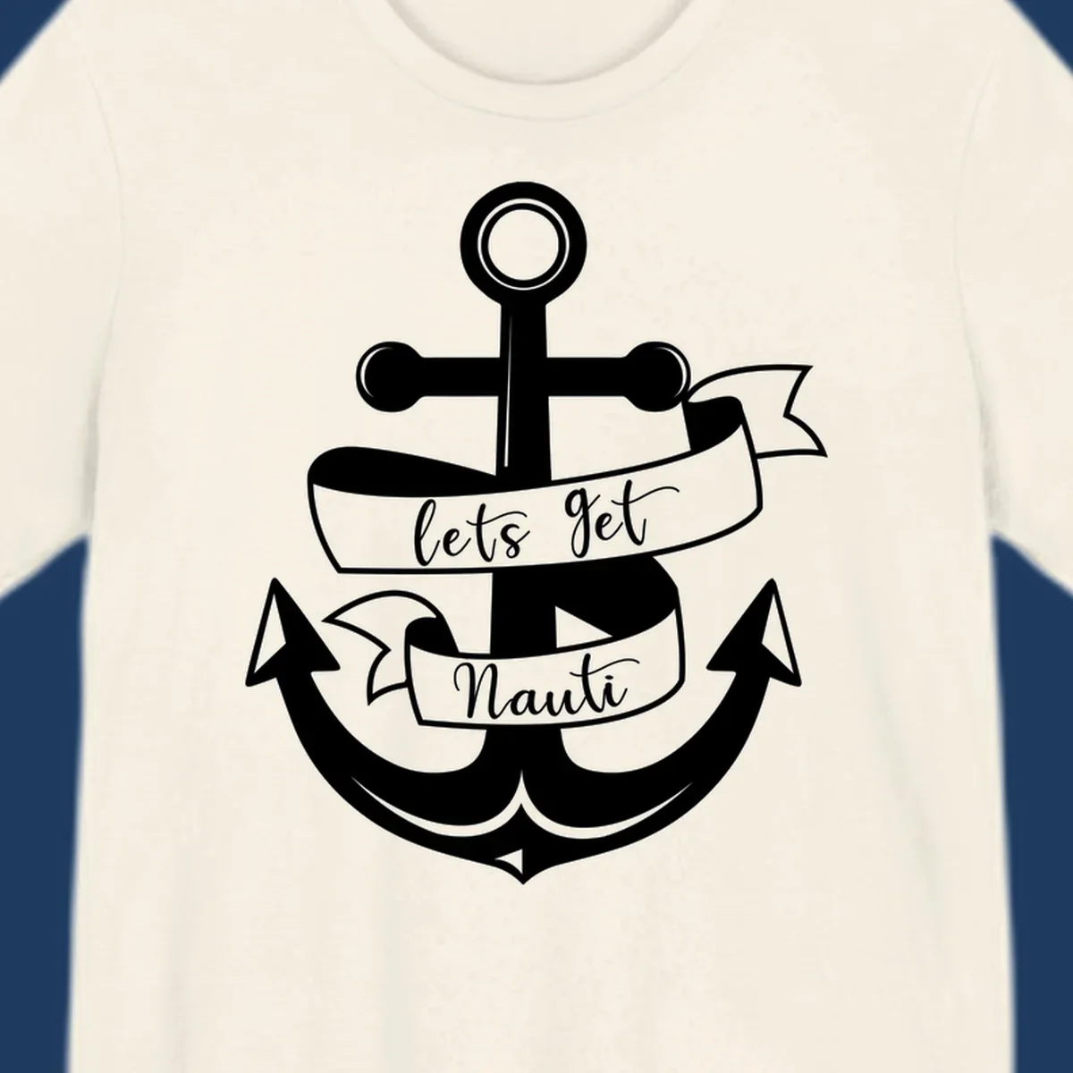 White anchor with banner ribbons reading 'lets get Nauti' - nautical cruise design
