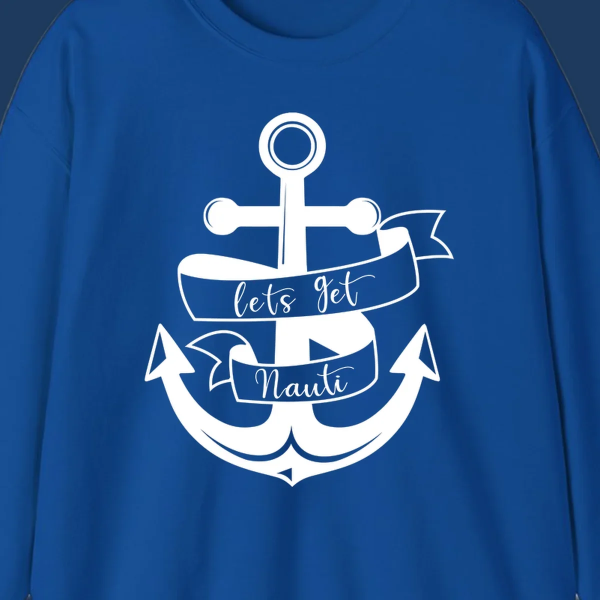 White anchor with banner ribbons reading 'lets get Nauti' - nautical cruise design