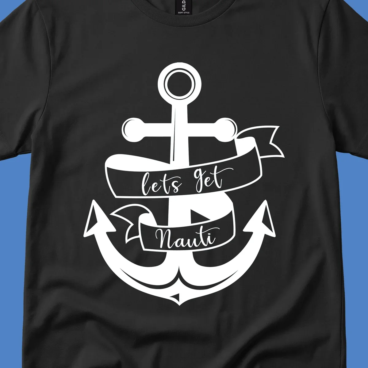 White anchor with banner ribbons reading 'lets get Nauti' - nautical cruise design
