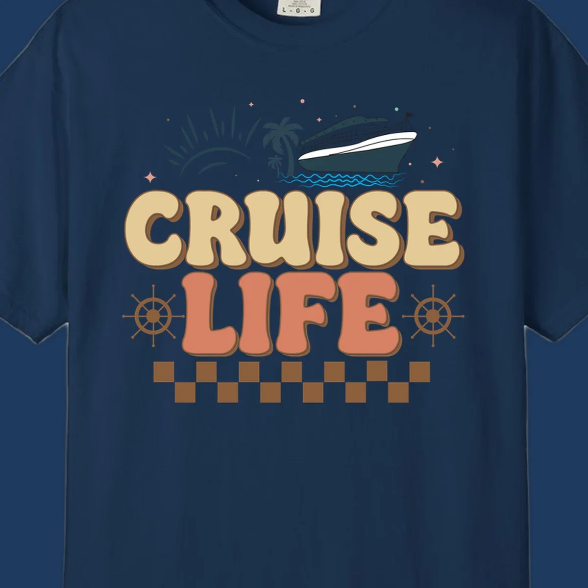 Retro-style cruise life design with ship, sun, palm trees, and ocean waves on gray background