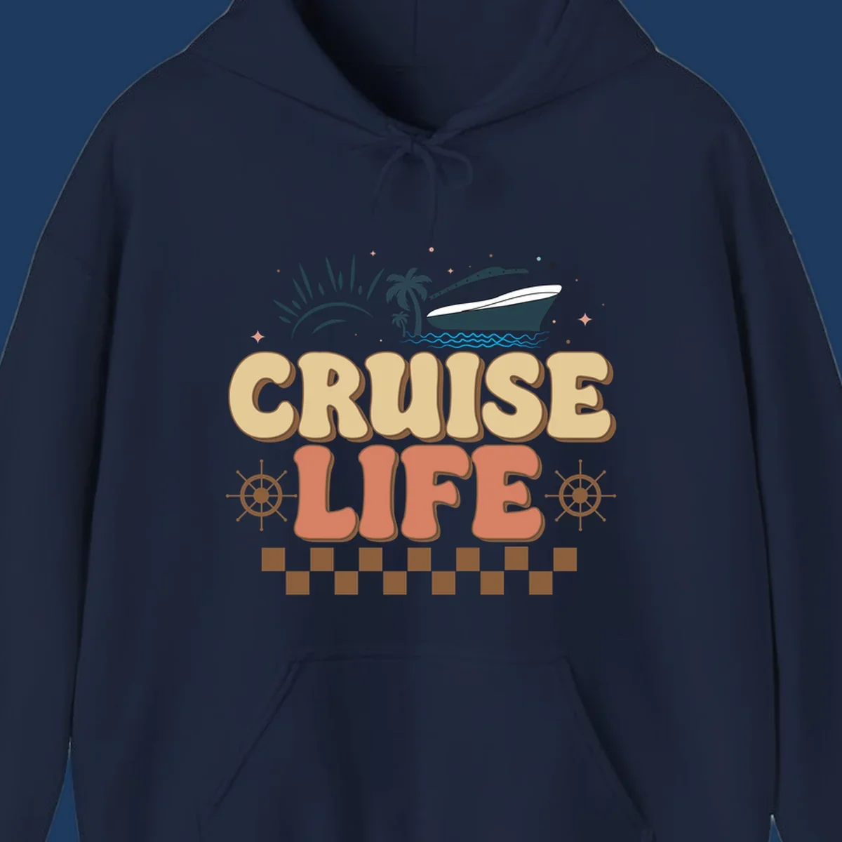 Retro-style cruise life design with ship, sun, palm trees, and ocean waves on gray background