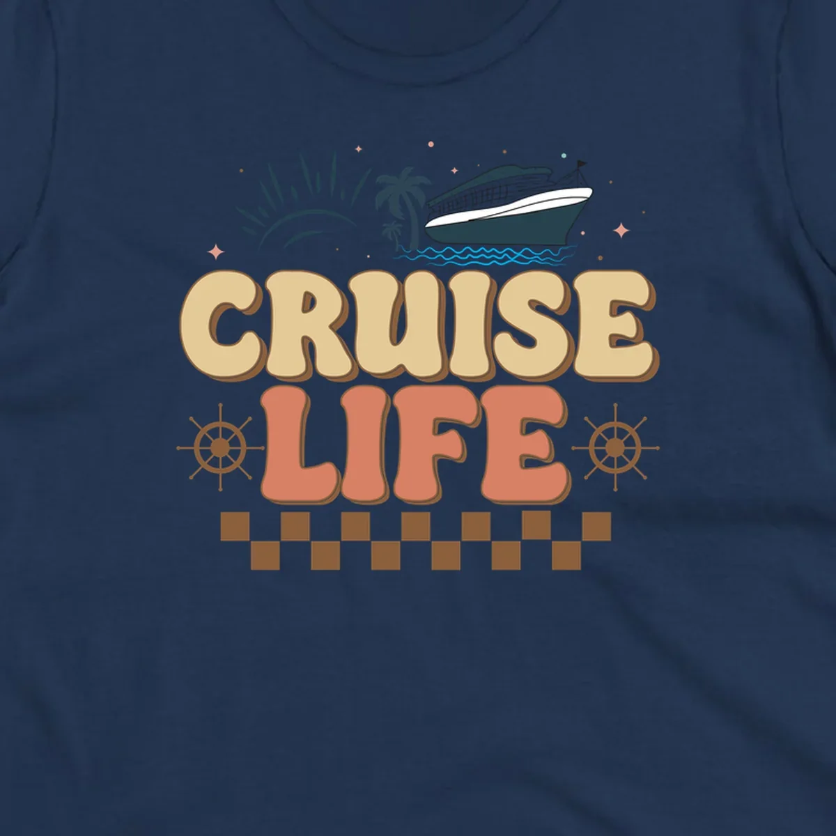 Retro-style cruise life design with ship, sun, palm trees, and ocean waves on gray background