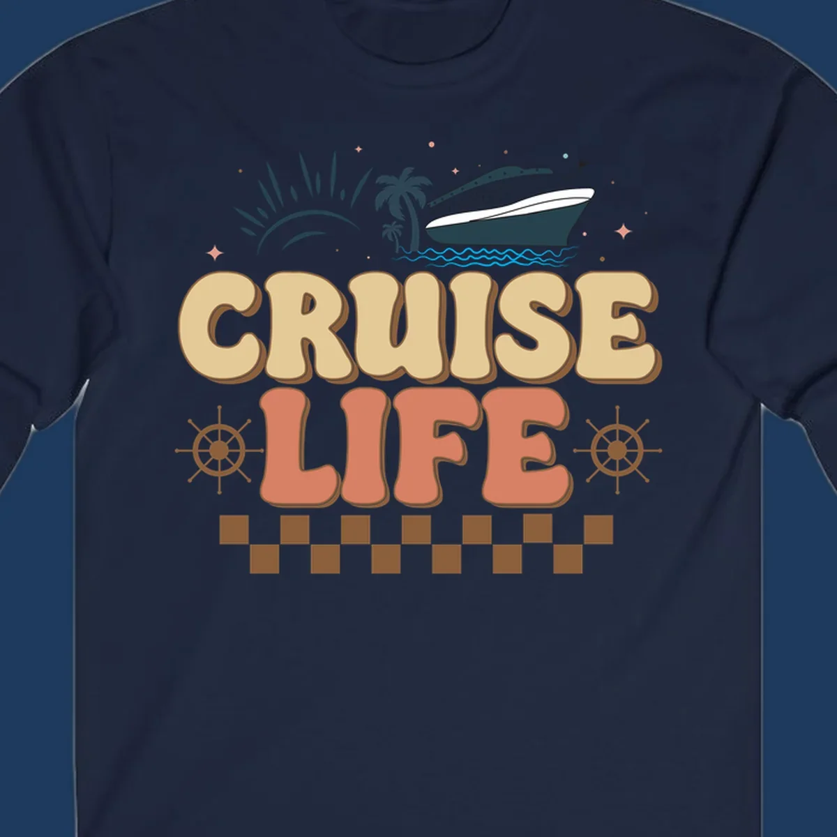 Retro-style cruise life design with ship, sun, palm trees, and ocean waves on gray background