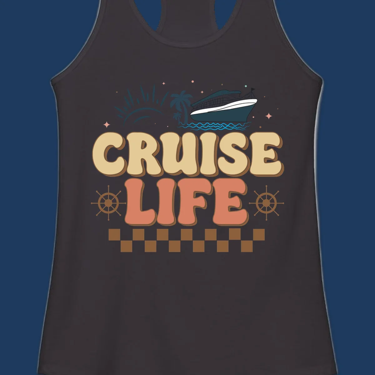 Retro-style cruise life design with ship, sun, palm trees, and ocean waves on gray background