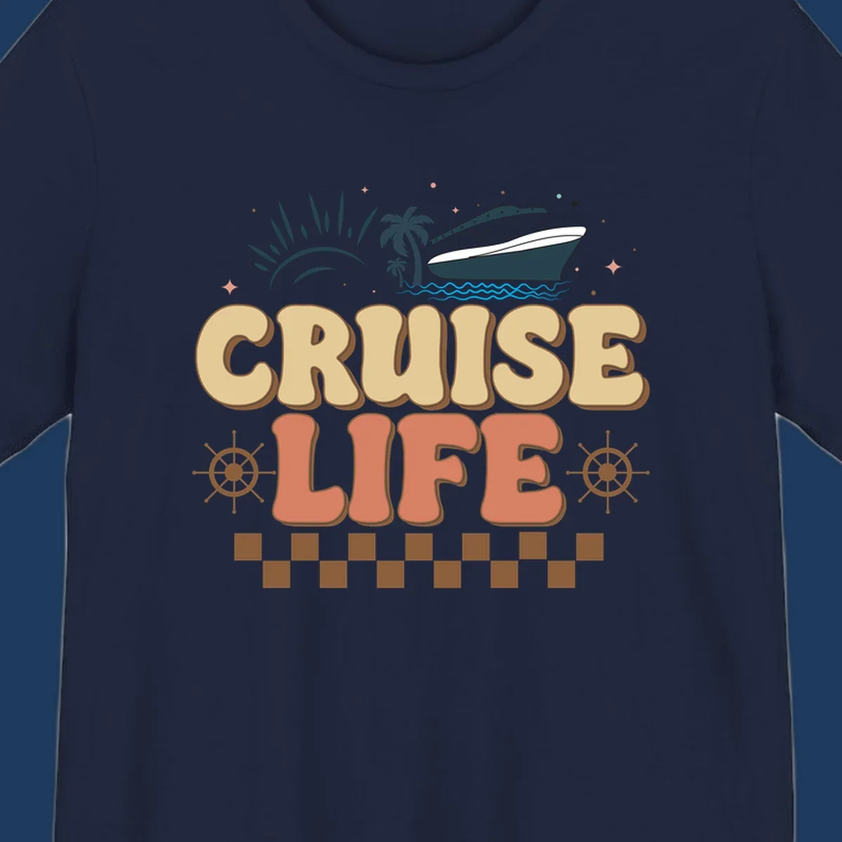Retro-style cruise life design with ship, sun, palm trees, and ocean waves on gray background